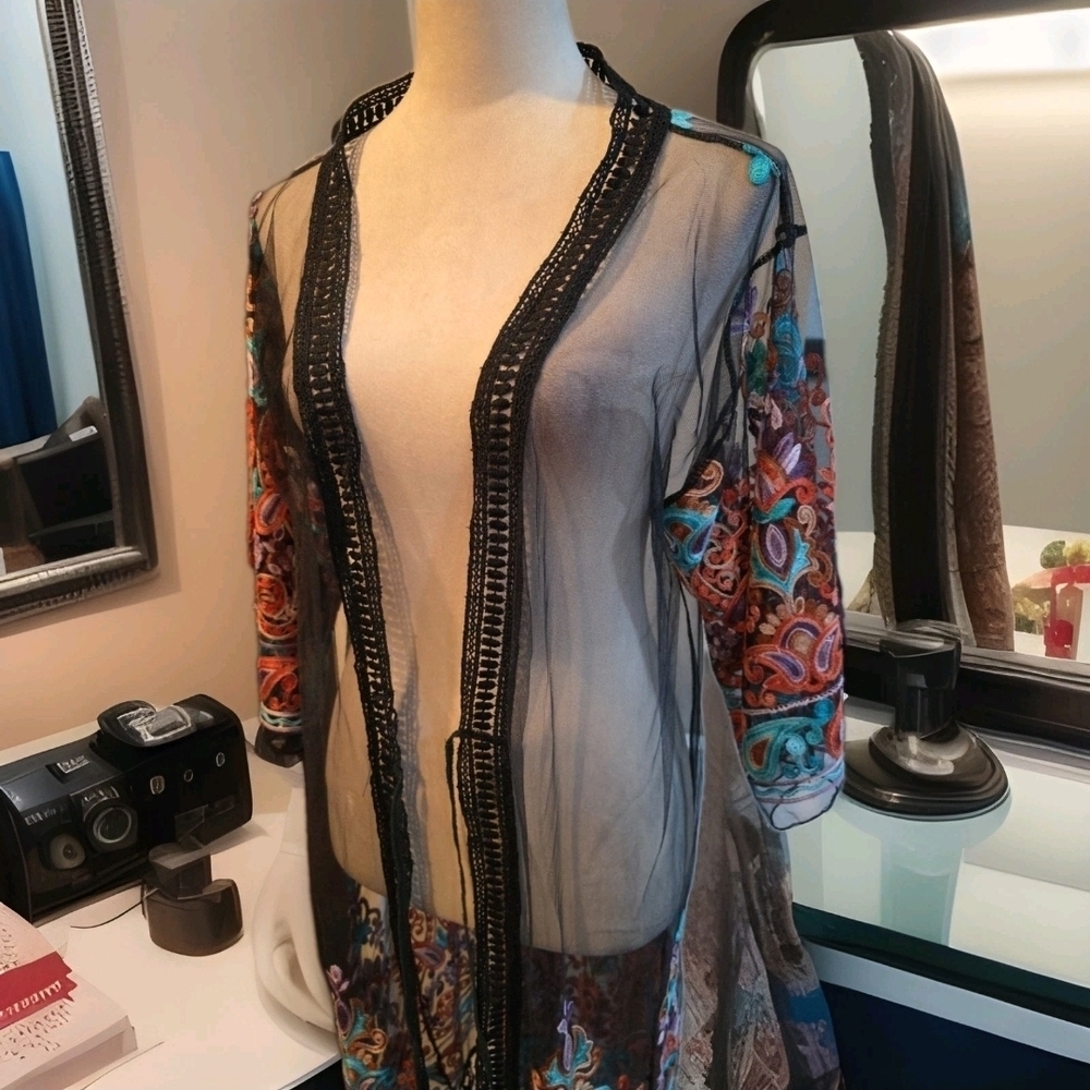 208 Sheer Black Floral Embordered and Multicolor Kimono - Picture 2 of 6